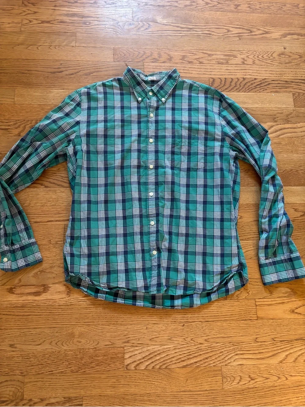 J.Crew Slim Fit Button Down Shirt Men's XL Green Blue Plaid 100% Cotton Casual